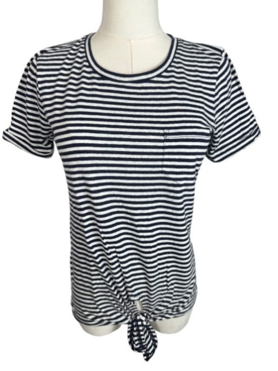 J. Crew Tops - J. Crew Navy and White Striped Tee with Front Pocket and Tie Size XS